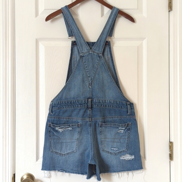 American Eagle Classic Medium Wash Distressed Cut Off Denim Short Bib Overalls S - Picture 12 of 15